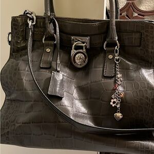 EUC Michael Kors Black Croc-Embossed Tote with Charm Dangle